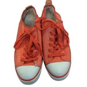 UGG size 11 Orange denim like canvas sheepskin & leather trim detail
